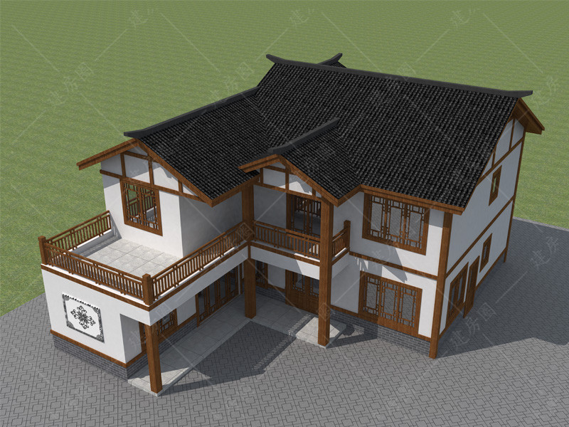 農(nóng)村二層中式風(fēng)格自建房設(shè)計圖鳥瞰效果圖