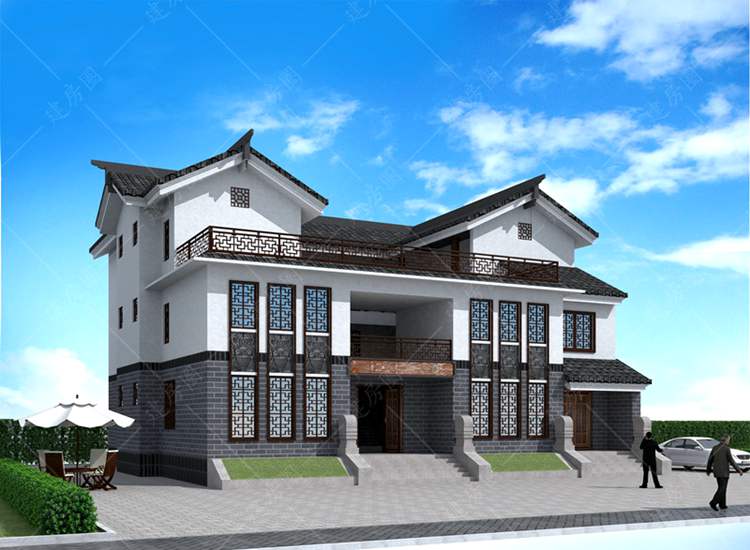 鄉(xiāng)村新中式三層獨(dú)棟別墅設(shè)計(jì)圖，帶天井設(shè)計(jì)