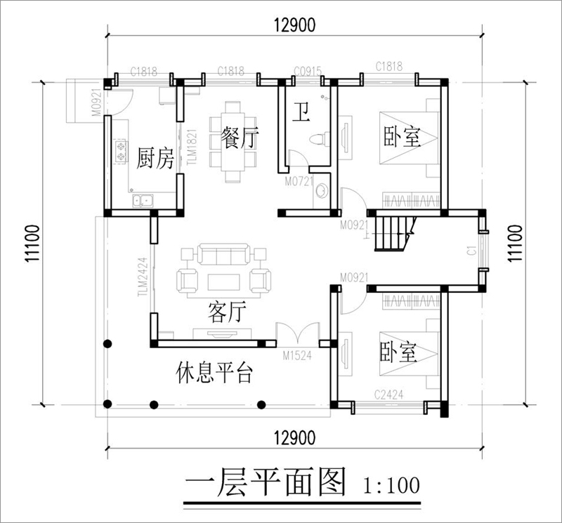 農(nóng)村二層現(xiàn)代自建房設計圖紙一層平面布局圖