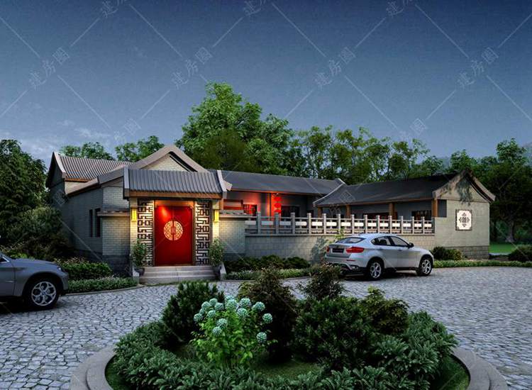 鄉(xiāng)村一層中式四合院設(shè)計(jì)圖紙，帶庭院設(shè)計(jì)