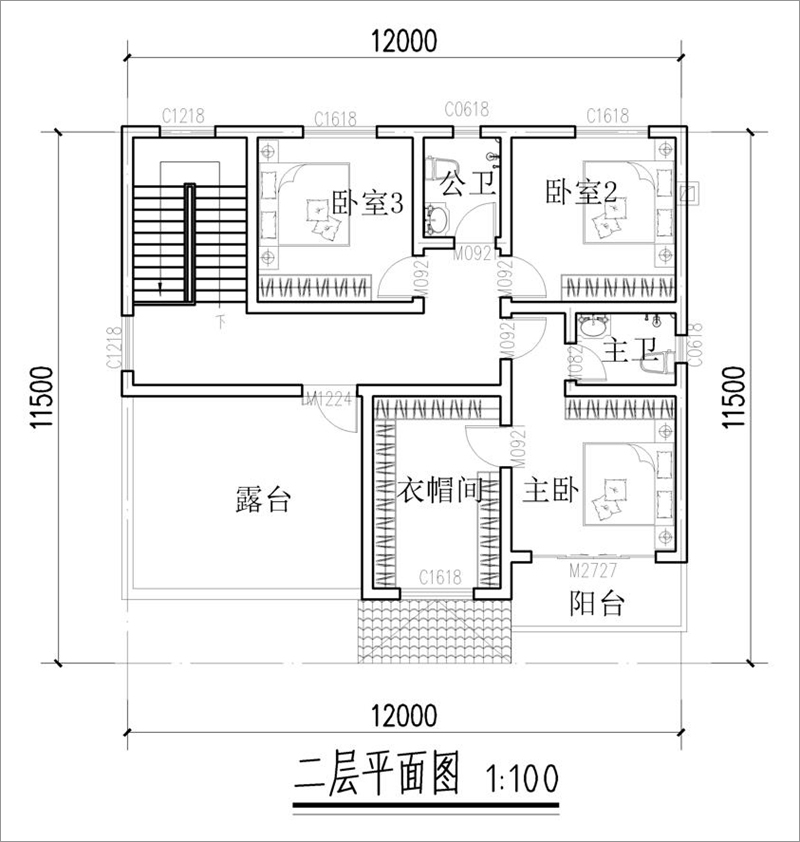 鄉(xiāng)村二層別墅設(shè)計(jì)二層戶型圖