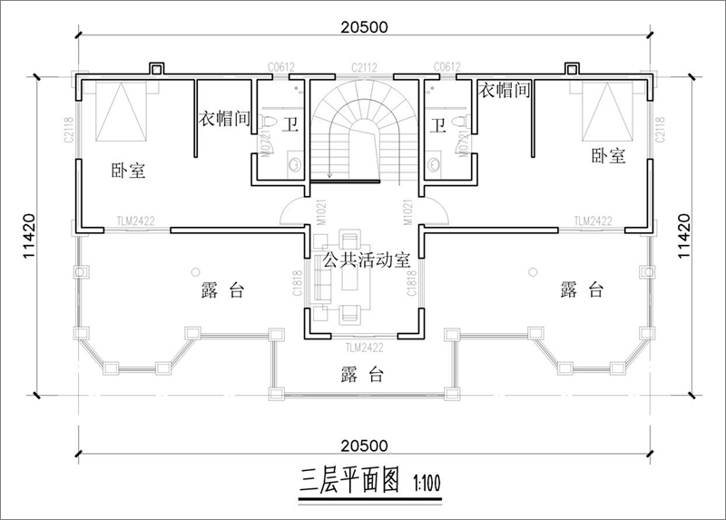 雙拼別墅三層平面圖