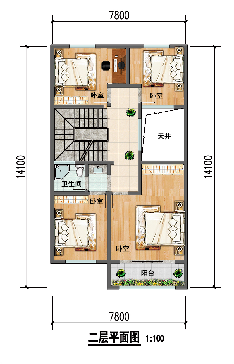 8米x15米自建房二層平面圖