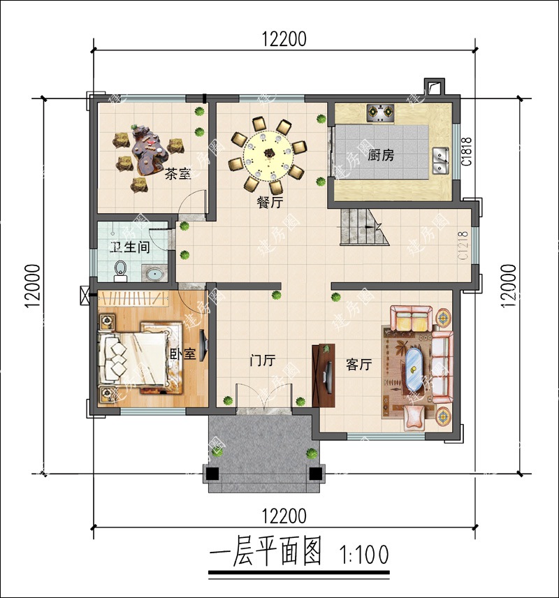 12x12米農(nóng)村建房一層平面圖