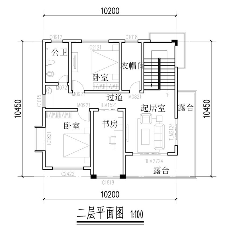 三層現(xiàn)代風格別墅二樓戶型圖