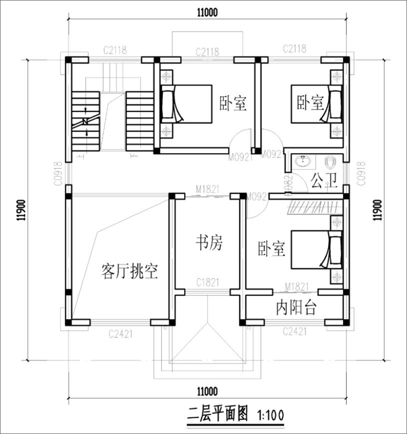 新中式三層別墅設(shè)計(jì)圖紙二層平面布局圖