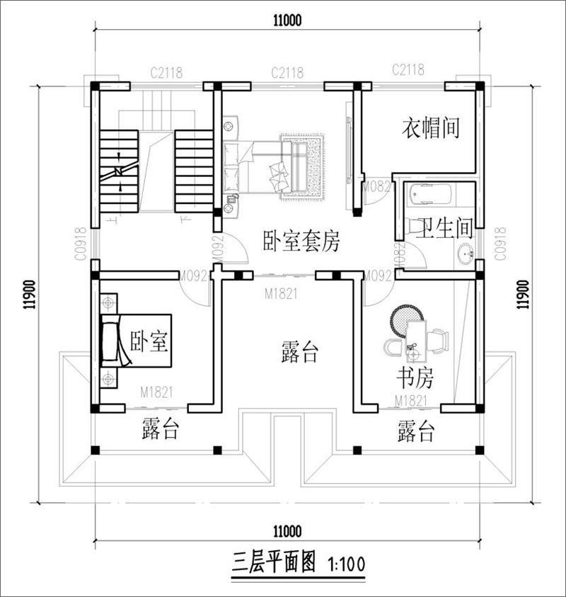新中式三層別墅設(shè)計(jì)圖紙三層平面布局圖