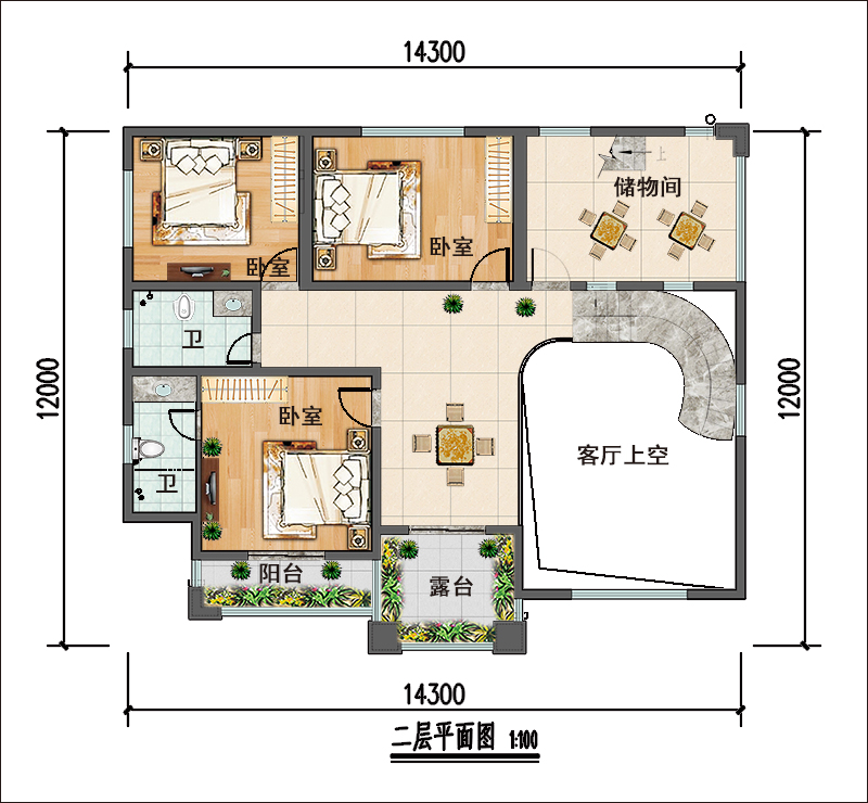 14米x12米三層現(xiàn)代自建房二層平面圖