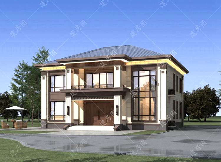 16米x11米兩層自建房別墅設(shè)計(jì)圖，現(xiàn)代新中式別墅外觀