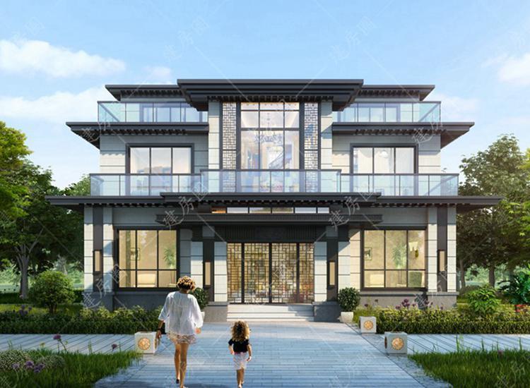 13米x14米兩層現(xiàn)代新中式別墅設(shè)計(jì)圖，平屋頂設(shè)計(jì)帶屋頂露臺(tái)