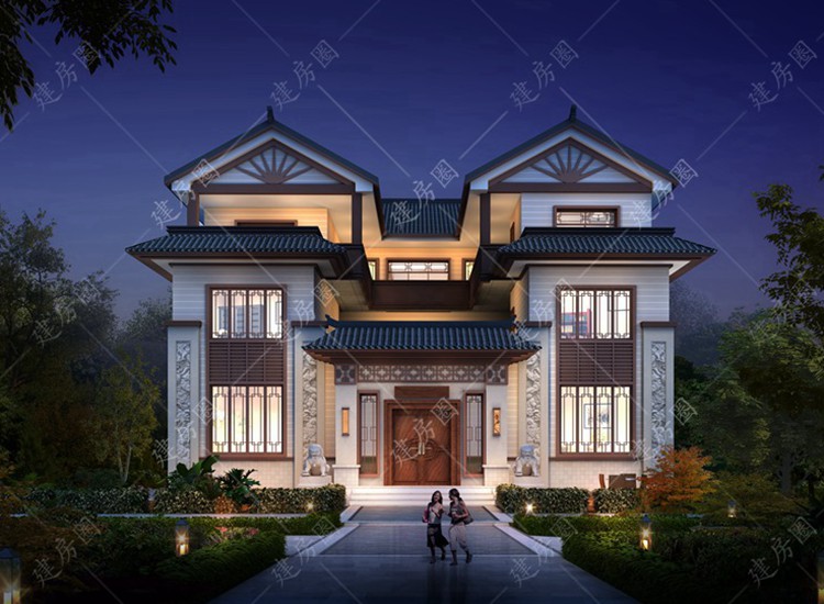 18米x18米三層新中式別墅設(shè)計(jì)圖，帶堂屋電梯設(shè)計(jì)