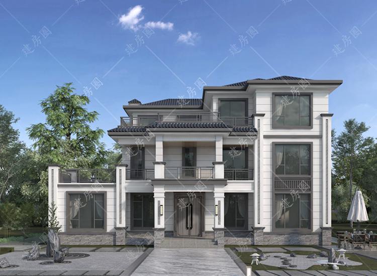三層新中式別墅設(shè)計(jì)圖紙，帶偏房大露臺(tái)設(shè)計(jì)